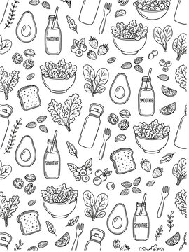Smoothie and healthy organic food doodle pattern featuring salad avocado berries toast and water bottle.