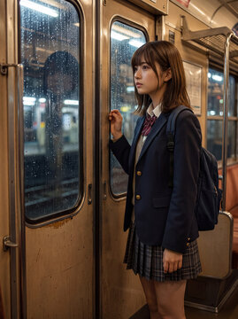 雨の夜の電車で窓の外を物憂げに見つめる制服姿の女子高生