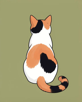 A digital illustration of a calico cat seen from behind, centered in the frame