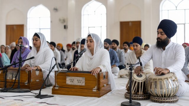 Sikh woman singing devotional hymn with harmonium beside male tabla player in gurdwara congregation. Spiritual worship, Punjabi music, community prayer and religious tradition.