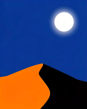 A minimalist graphic illustration depicting a desert landscape at night. A large, stylized sand dune occupies the lower portion of the frame