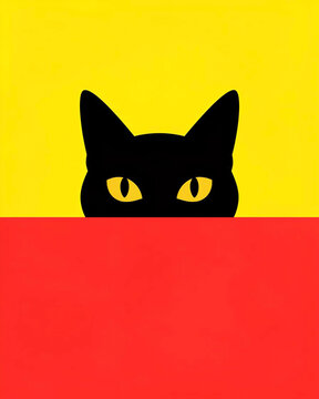 A minimalist graphic illustration features the top half of a black cat's head peeking out from behind a solid red horizontal block at the bottom of the frame