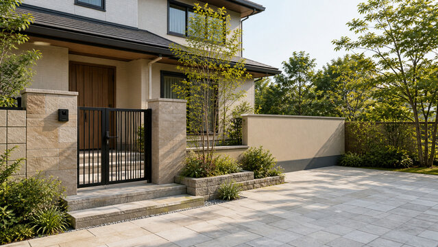 石材の門扉と緑豊かな玄関アプローチを備えたモダンな戸建住宅外構