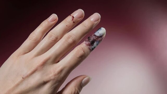 Close-up of a severely bruised and injured finger. Hand with subungual hematoma and minor cut from trauma