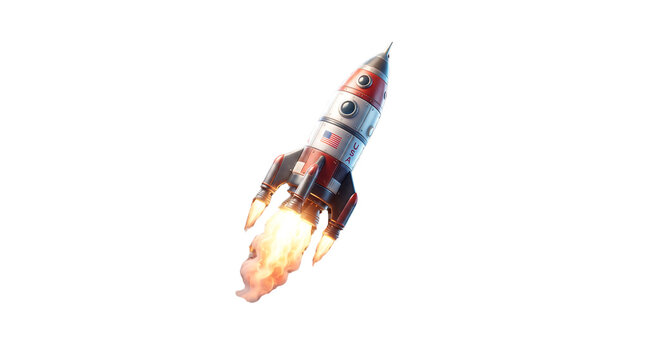 Retro styled red white and silver rocket with usa flag, launching with fiery orange exhaust, symbolizing space exploration and ambitious new beginnings.