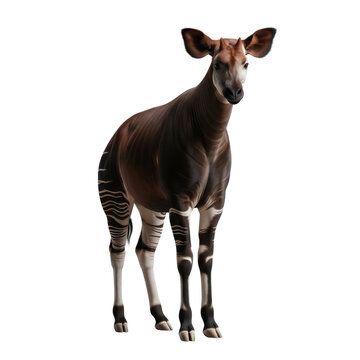 Okapi forest giraffe relative with striped legs and velvety fur standing on a dark background.