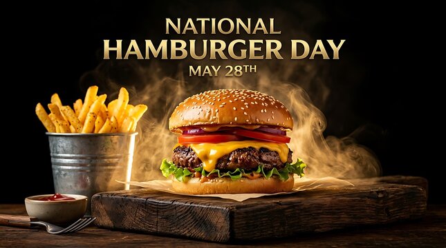 National hamburger day poster with tasty burger and fries