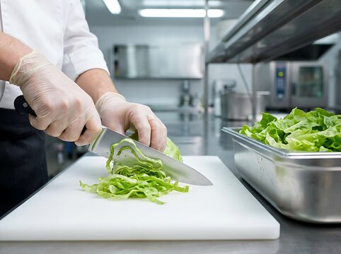 Professional chef cutting fresh green vegetables in kitchen