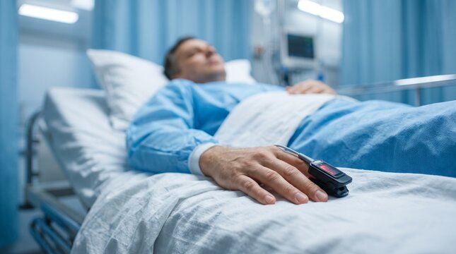 Senior patient sleeping in hospital bed with pulse oximeter for elderly healthcare, intensive care monitoring, and clinical inpatient recovery