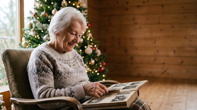 Elderly woman reminiscing through old photographs beside a decorated Christmas tree