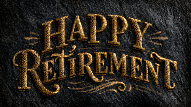 Golden lettering spells out happy retirement against a dark slate background