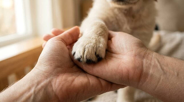 Person holding a cute dog paw in their hand