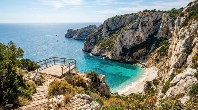 Scenic wooden viewpoint overlooking a turquoise mediterranean cove with limestone cliffs and clear blue water on a sunny day