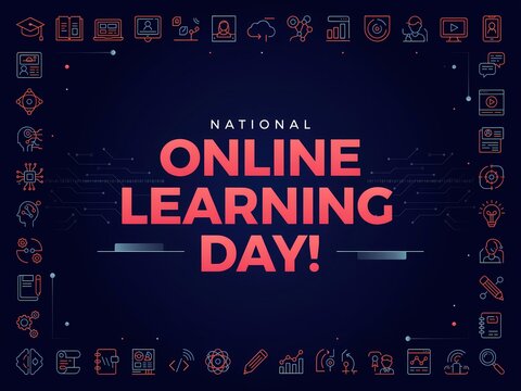 National online learning day text banner with education icons frame on a dark blue background
