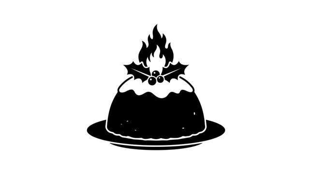 Elegant black and white vector icon of a flaming Christmas pudding garnished with holly leaves and berries