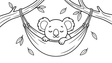 Cute koala sleeping in hammock hanging on tree branch surrounded by leaves for relaxation theme