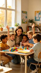 Obraz premium Female Teacher Teaching Young Children With Hands On Educational Activity in Bright Classroom, Collaborative Learning, STEM Education and School Concept