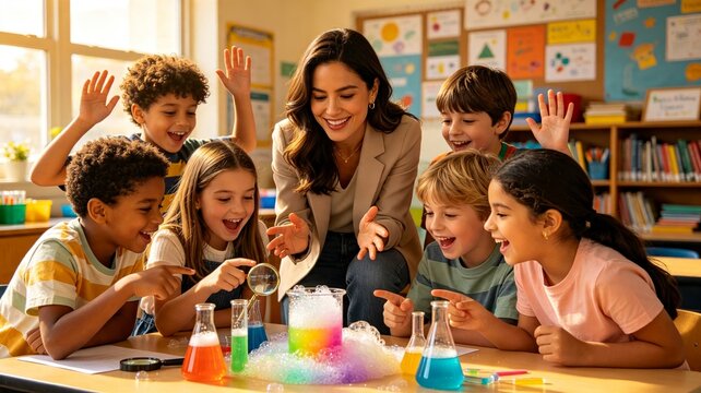 Enthusiastic Teacher and Children Doing Creative Learning Activity Together in Colorful Classroom, Early Education, STEM and Teamwork Concept