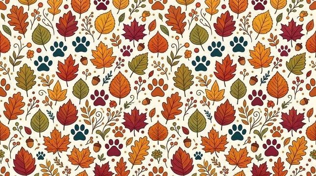Seamless autumn pattern featuring colorful fall leaves and cute animal paw prints in red orange and green tones for seasonal thanksgiving design and textile use