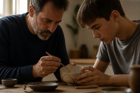 Father and son repairing a broken ceramic bowl together at home. Family bonding, patience, craftsmanship, and sustainable repair concept for education and lifestyle content.