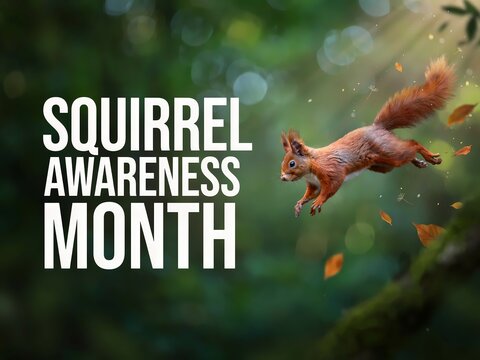 Squirrel awareness month banner with a cute jumping squirrel in a green forest setting