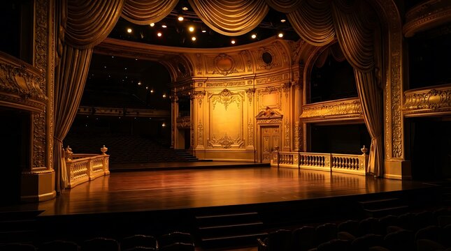 A wide view of an empty historic theater stage with golden walls, ornate carvings, and a wooden floor under warm stage lights in a dark room