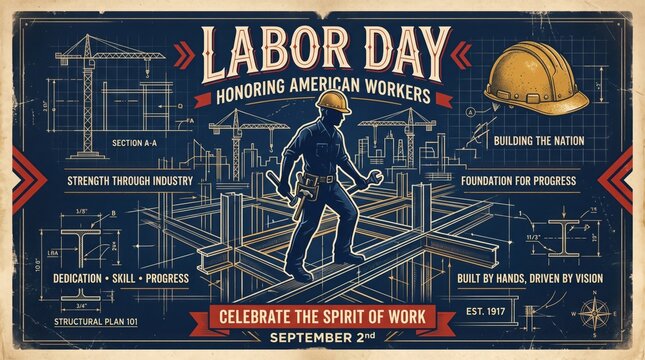 Labor day celebration banner with construction worker and industrial blueprint design elements