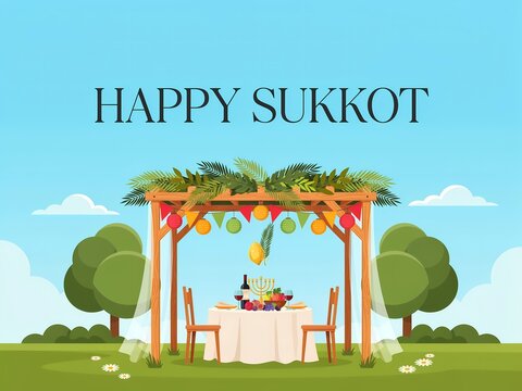 Happy sukkot greeting card design with a decorated sukkah hut and festive table in a sunny garden