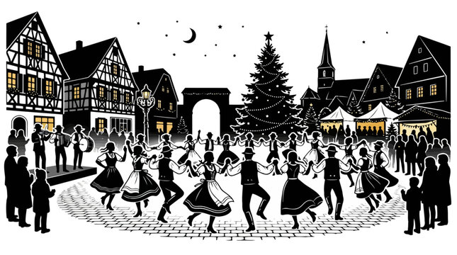 Traditional german christmas market scene with people dancing in town square surrounded by timber framed houses