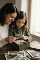 Obraz premium Woman and girl sorting old family photographs at home. Mother and daughter sharing memories through a treasured photo collection. Nostalgia, family history, and intergenerational bonding concept.