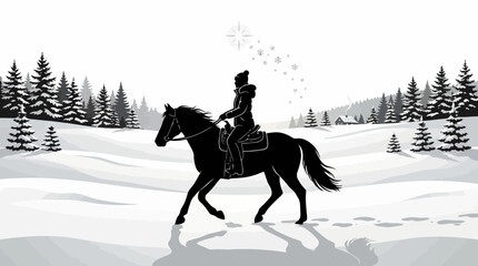 Naklejka premium Silhouette illustration of a person riding a horse through a magical snowy forest landscape under a star light sky