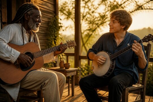 Older African American man and young man playing guitar and banjo together on a rustic porch at sunset. Musical mentorship, friendship, tradition, and intergenerational connection.