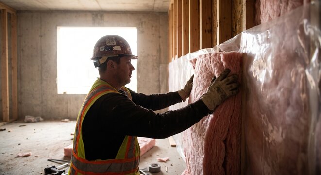 A construction worker installing pink fiberglass insulation in a wooden stud wall of a residential building under construction, wearing a hard hat and safety vest