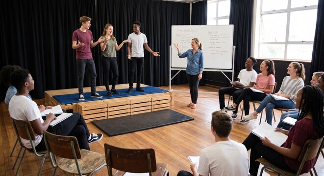 Diverse high school students performing drama class on a small stage while their teacher and classmates watch and take notes in a theater workshop