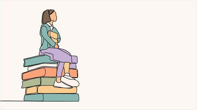 Back to School Concept, Female Student Sitting on Stack of Books, Education, Learning, Reading and Academic Study Illustration