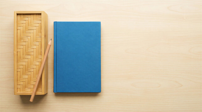 Bamboo stationery case with pencil and blue notebook on wooden desk, copy space