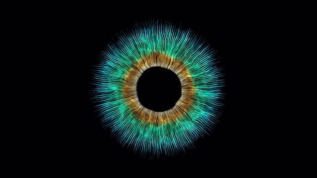 Abstract animated eye pupil and iris visualization with dynamic blue, turquoise and brown golden radial fibers. Alpha channel video overlay for medical, biometric, scientific, and technology projects