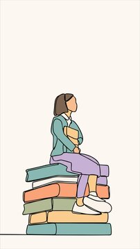 Back to School Concept, Female Student Sitting on Stack of Books, Education, Learning, Reading and Academic Study Illustration