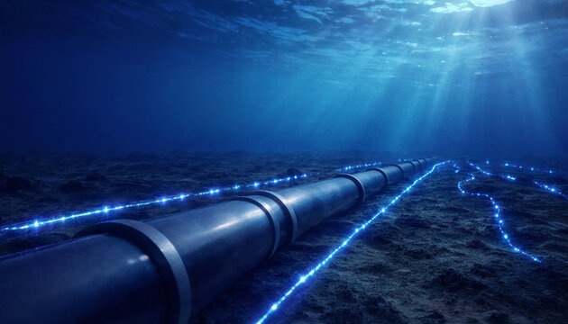 Multiple glowing submarine fiber optic cables transmitting digital data across the deep ocean floor under sunlit water rays with underwater telecommunication internet communication transfer
