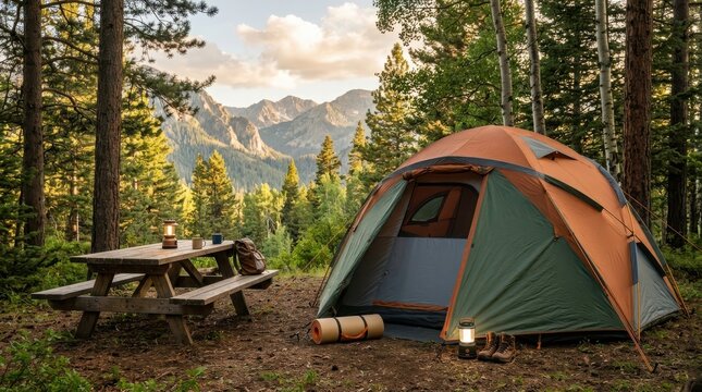 Camping tent set up in a lush forest with a wooden picnic table and mountain view in the background