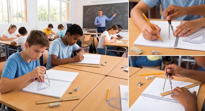Diverse school students learning geometry in classroom while using compasses, rulers, and protractors to draw geometric shapes during a math lesson with their teacher