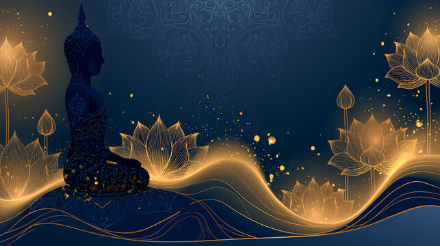 Spiritual Buddha silhouette meditation with glowing golden lotus floral background
