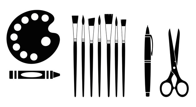 Collection of black silhouette art supplies with displays black silhouettes artistic tools including palette palette brushes crayon crayon pen scissors