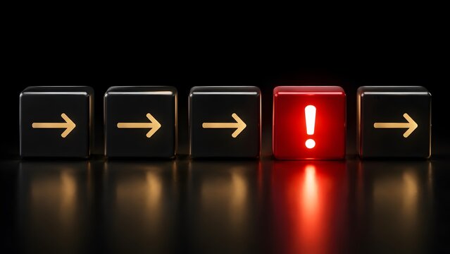 Business risk management concept with glowing red exclamation mark cube interrupting sequence of forward pointing arrows