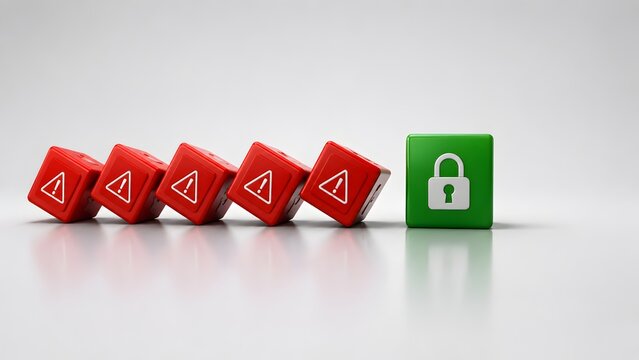Cyber security protection concept showing green padlock block stopping a falling domino chain of red warning alert cubes