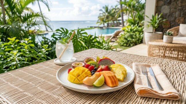 Fresh tropical fruit platter with mango, pineapple, and berries on a rattan table by a luxury resort pool
