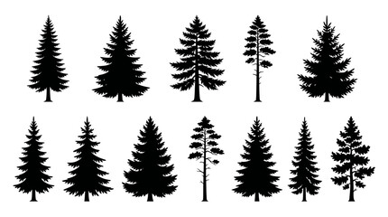 Obraz premium Creative Set of Ten Black and White Silhouette Pine Trees for Design and Branding Use with high quality professional line art symbols for modern creative design and digital branding projects
