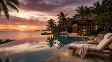 Fototapeta premium Stunning sunset view from a luxury villa infinity pool overlooking the sea