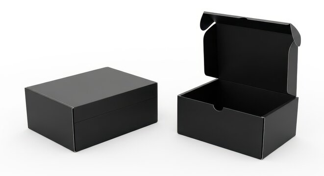 Two black rectangular cardboard boxes, one closed and one open, isolated on a white background