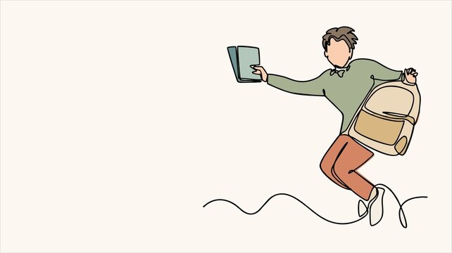 Back to School Concept, Happy Student with Backpack and Book Jumping Rope, Education, Learning, Reading and Active Student Lifestyle Illustration